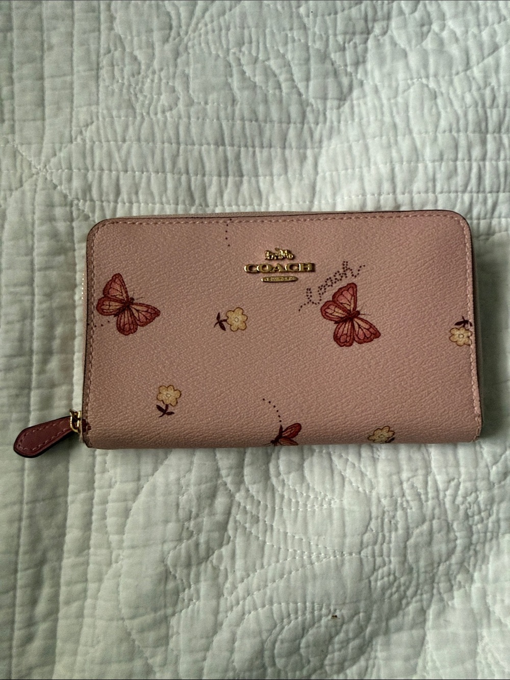 Coach Pink Butterfly Zip-Around Wallet with Floral Accents